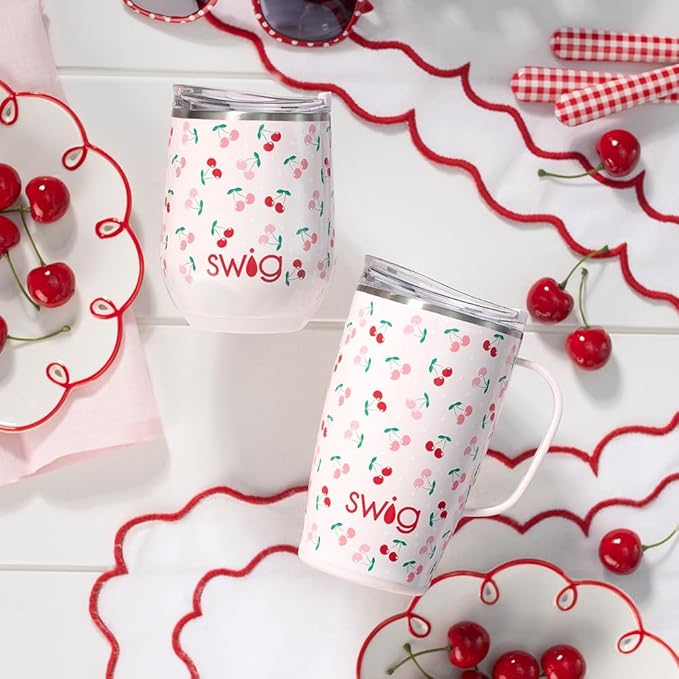 Swig Life 18oz Travel Mug, Insulated Tumbler with Handle and Lid, Cup Holder Friendly, Dishwasher Safe, Stainless Steel, Travel Coffee Cup (Cherry Pie)