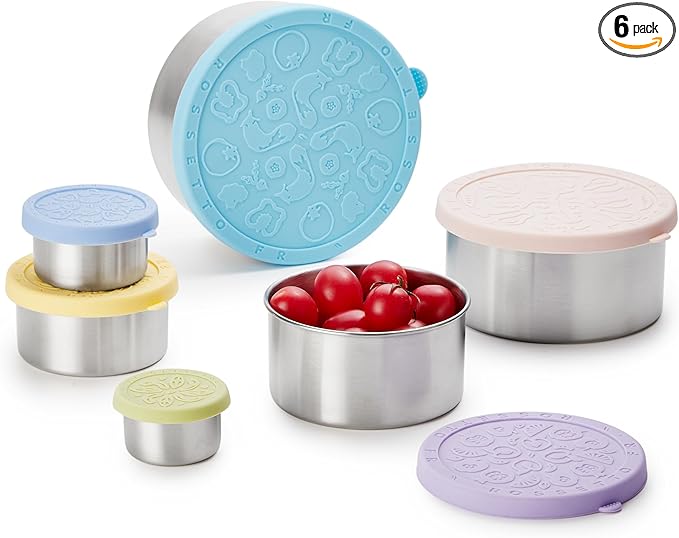 Stainless Steel Food Container, Set of 6, Nesting Bowls with Colorful Lids, stackable leakproof Metal Lunch Box Set for Kids, Daycare, School, Travel. Sauce Salad dressing Container to go (Harmony)
