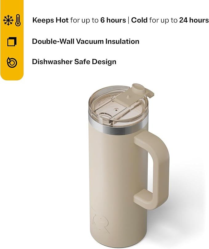 RTIC 20oz Road Trip Travel Mug with Lid and Handle, Ceramic Lined, Insulated, Stainless Steel, Metal, Double Wall Vacuum-Insulation, Portable Coffee, Tea Cup for Hot and Cold Drink, Beach