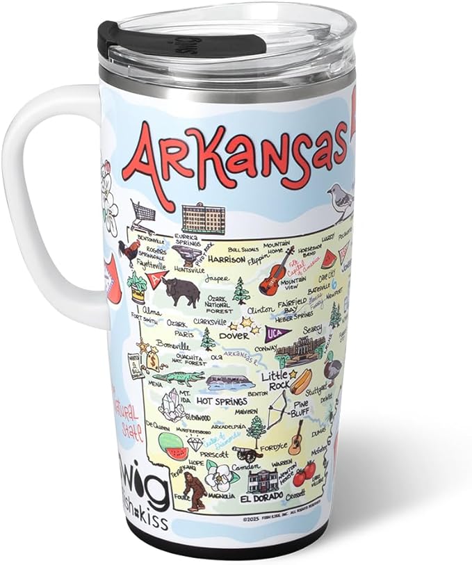 Swig Life 22oz Travel Mug, Insulated Tumbler with Handle and Lid, Travel Coffee Mug, Cup Holder Friendly, Stainless Steel 22 oz Tumbler, Reusable Insulated with Lid (Arkansas)