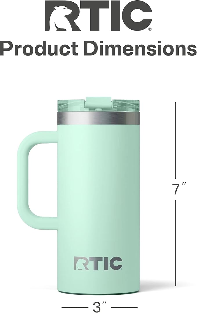 RTIC 16oz Road Trip Travel Mug with Lid and Handle, Ceramic Lined, Insulated, Stainless Steel, Metal, Double Wall Vacuum-Insulation, Portable Coffee, Tea Cup for Hot and Cold Drink, Fresh Mint