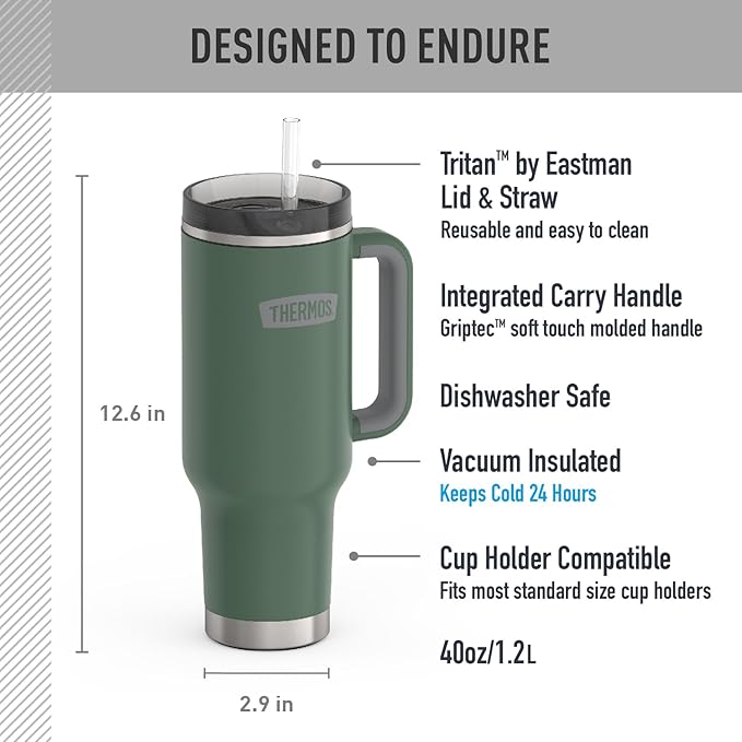 THERMOS Stainless Steel Cup Holder Mug - 40 Ounce, Alpine Green - Insulated Tumbler with Lid and Straw, Plus Leak-Resistant Slide Lock