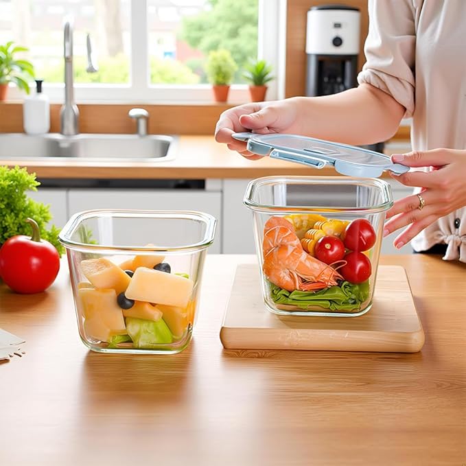 Square Glass Food Storage Containers, 4 Cup Glass Soup Container with Airtight Lids,Square Food Meal Prep Bowls for Salad soupleftovers, Fridge、Microwave、Dishwasher Safe (4 Pack)