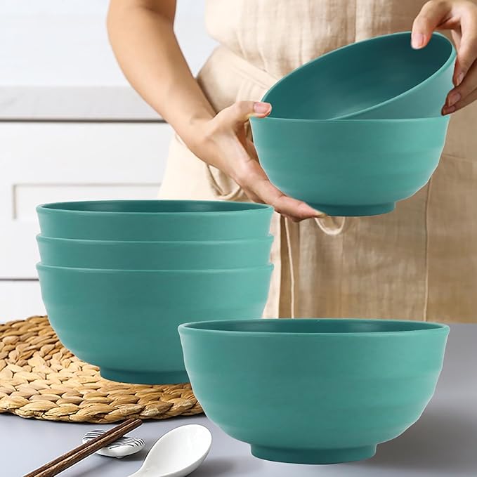 Wheat Straw Large Bowls 60 OZ, Popcorn bowl Bowls Set of 6, Unbreakable and Lightweight Large Serving Bowl for Kitchen, Dorm, Microwave and Dishwasher Safe Big Plastic Bowl Reusable - Green