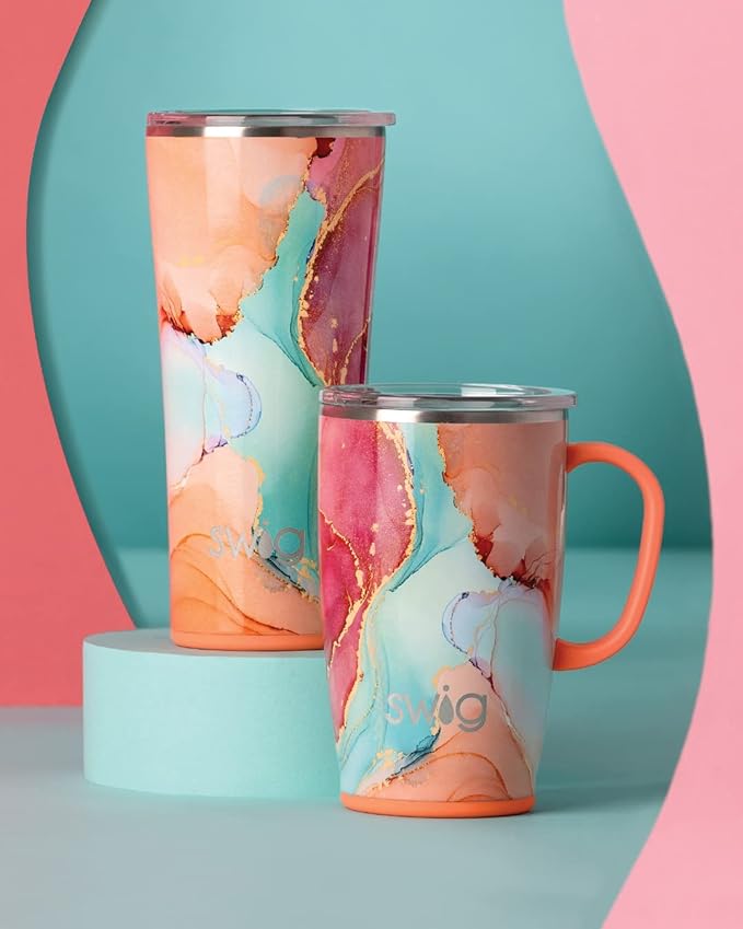 Swig Life 18oz Travel Mug, Insulated Tumbler with Handle and Lid, Cup Holder Friendly, Dishwasher Safe, Stainless Steel, Travel Coffee Cup (Dreamsicle)