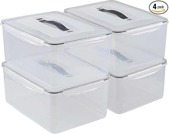 15 L Rectangular Plastic Clear Airtight Food Storage Containers with Latch Lid, 4 Pack Rectangle Food Storage Container with Portable Handle