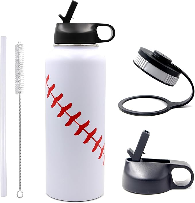 40 oz Baseball Water Bottle, Sports Flask Metal Thermo Travel Tumbler with 2 Lids, Stainless Steel Double Wall Vacuum Insulated Leak Proof Water Jug, Baseball Accessories Gifts for Mom Men Boys Girls