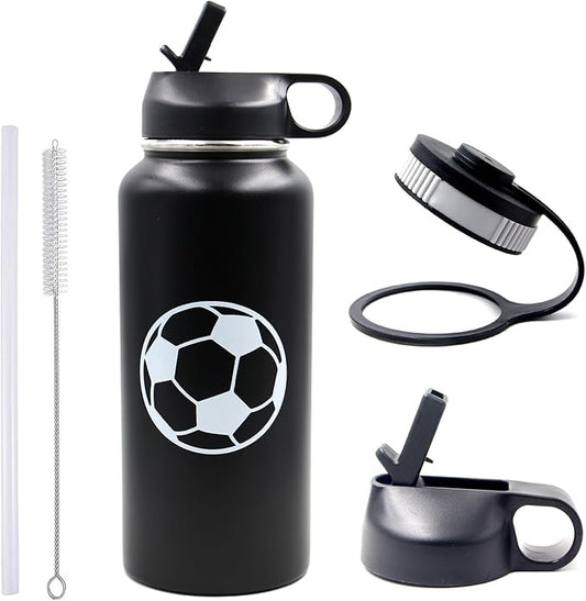 32 oz Soccer Water Bottle, Wide Mouth Sports Flask Travel Tumbler with 2 Lids, Stainless Steel Double Wall Vacuum Leak Proof Insulated Water Bottles, Soccer Stuff Gifts for Mom Men Boys Girls Player