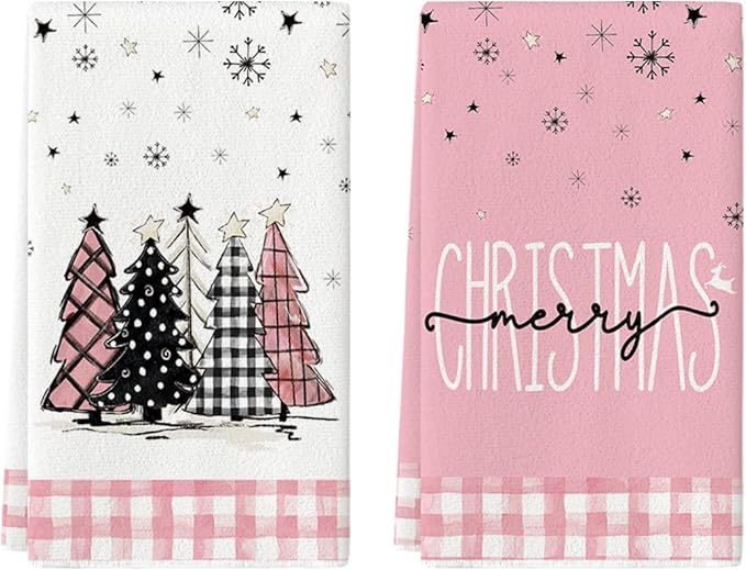 Artoid Mode Pink Buffalo Plaid Xmas Tree Merry Christmas Kitchen Towels Dish Towels, 18x26 Inch Winter Snowflakes Decoration Hand Towels Set of 2