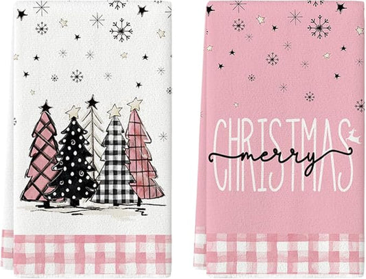 Artoid Mode Pink Buffalo Plaid Xmas Tree Merry Christmas Kitchen Towels Dish Towels, 18x26 Inch Winter Snowflakes Decoration Hand Towels Set of 2