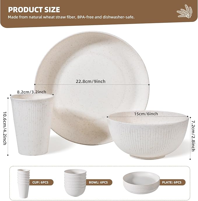 18 pcs Wheat Straw Dinnerware Sets for 6 - Lightweight & Unbreakable Cups Plates and Bowls Sets Microwave Dinnerware Set for Kitchen, Travel & Camping Beige