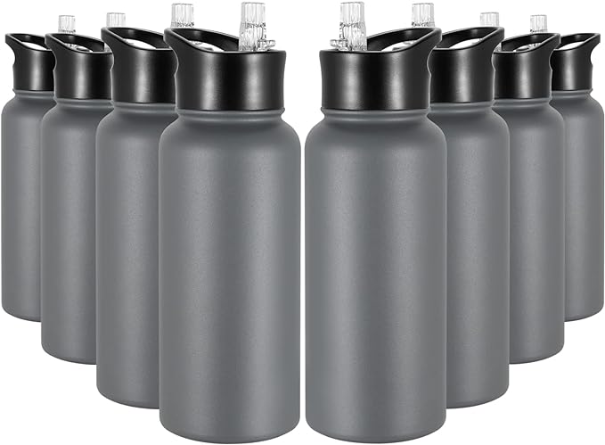 32 oz Insulated Water Bottle Bulk 8 Pack, Stainless Steel Sports Water Bottles with Straw Lid & Wide Mouth Lids, Double Walled Vacuum, Leak Proof, Gray