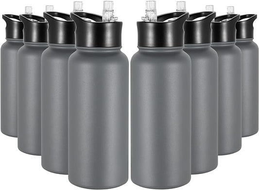 32 oz Insulated Water Bottle Bulk 8 Pack, Stainless Steel Sports Water Bottles with Straw Lid & Wide Mouth Lids, Double Walled Vacuum, Leak Proof, Gray
