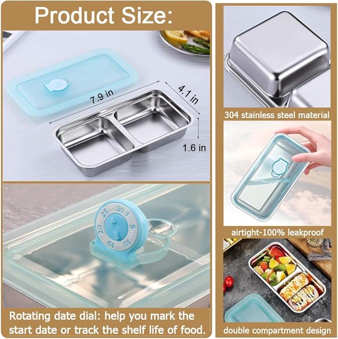 3 Pack Stainless Steel Snack Containers with Lids, Leak Proof Easy Open Snack Box Container for Adults, Reusable Food Storage Containers with 2 Compartment for Travel, Camping, Work, Outdoor