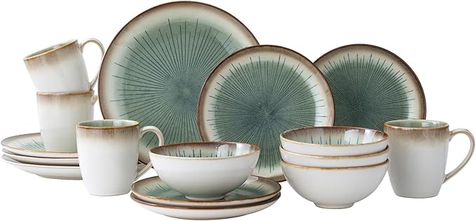 Dinnerware Set Green Stoneware 16 Pieces Service for 4, Stoneware Plates and Bowls Set Highly Chip Dishwasher Microwave Safe Dishes set