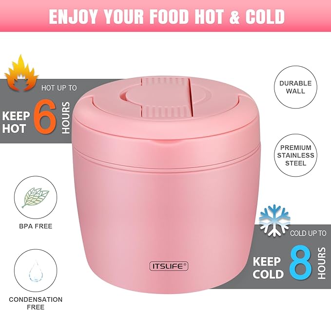 Soup Thermo for Hot Food Adults 32OZ Lunch Containers Wide Mouth Hot Food Jar Vacuum Insulated Stainless Steel Bento Box Leakproof with Spoon (Light Pink)