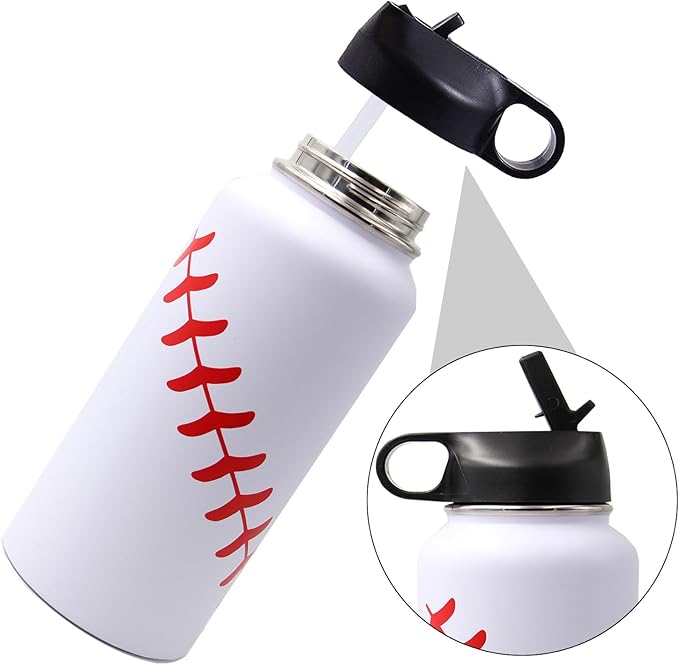 32 oz Baseball Water Bottle, Wide Mouth Sports Flask Metal Thermo Travel Mug with 2 Lids, Stainless Steel Double Wall Vacuum Insulated Water Bottles, Baseball Accessories Gifts for Mom Men Boys Girls