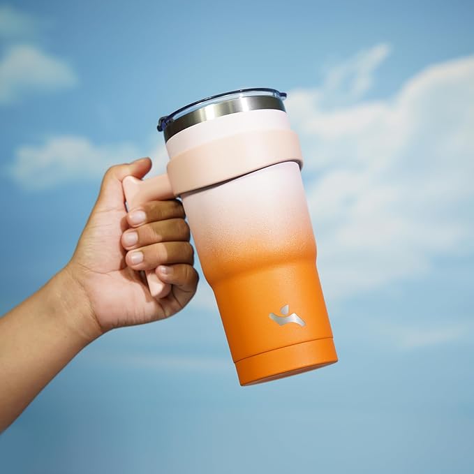 20 oz Tumbler with Handle and 2 Straw 2 Lid, Insulated Water Bottle Stainless Steel Vacuum Cup Reusable Travel Mug,Coral