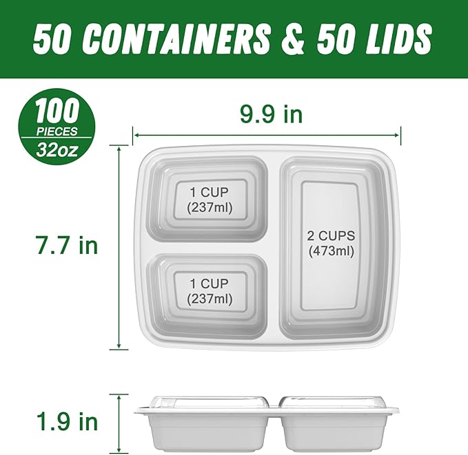 50 Pack (100-Piece) 32 oz Meal Prep Containers Reusable with Lids 3-Compartment, To Go Take Out Plastic Food Storage Containers, Sturdy Leakproof Food Safe, Microwave Freezer Dishwasher Safe, Silver