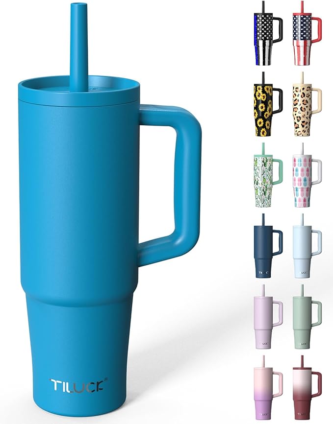 TILUCK 30 oz Tumbler with Handle, Vacuum Insulated Stainless Steel Travel Mug with 100% Leak-Proof Silicone Straw Lid, Cupholder Friendly Water Bottle(LakeBlue, 30oz)