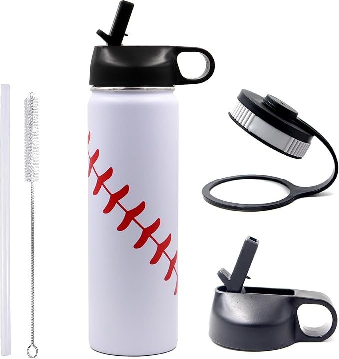22 oz Baseball Water Bottle, Sports Flask Metal Thermo Travel Mug with 2 Lids, Stainless Steel Double Wall Vacuum Insulated Leak Proof Water Bottles, Baseball Accessories Gifts for Mom Men Boys Girls