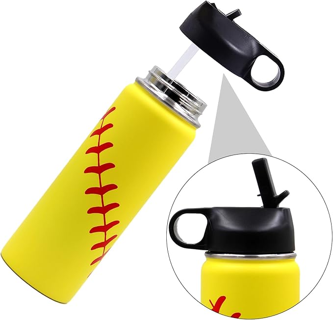 18 oz Softball Water Bottle, Metal Thermo Travel Tumbler Sports Flask with 2 Lids, Stainless Steel Double Wall Vacuum Insulated Leak Proof Water Bottles, Softball Stuff Gifts for Mom Men Boys Girls