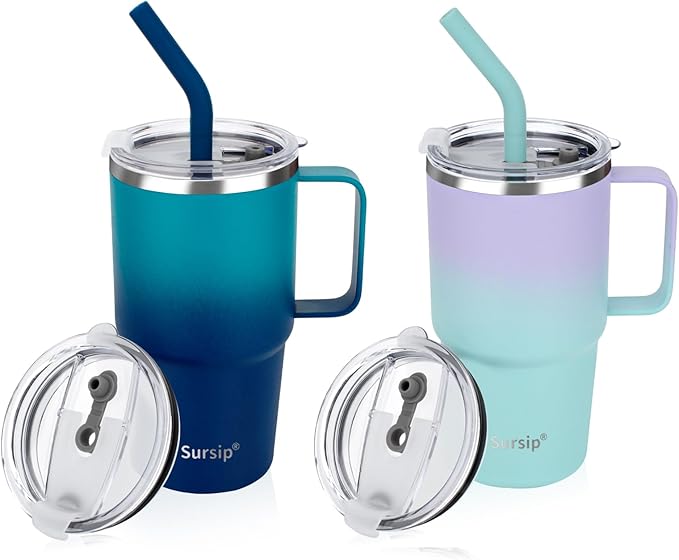Sursip Kids 24 oz Insulated Cup with Handle, Double Wall Vacuum Stainless Steel Tumbler with Straw and 2 Lids, For Cold/Hot Drinks, Coffee Travel Mug for Car/Home/Office/Party/Camping (2 Pack)
