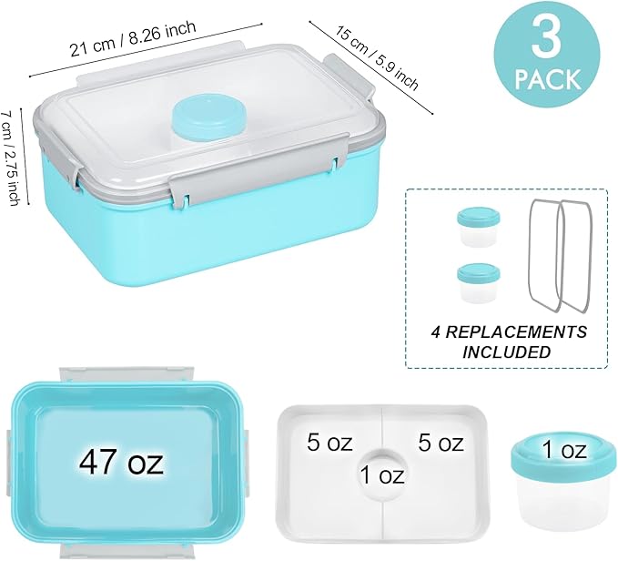 3 Pack Salad Lunch Box Food Storage Containers, 47oz Bento Box To Go Container with Lids, Meal Prep Containers with Removable Tray & Dressing Pots for Kids and Adults, Reusable and Microwave Safe
