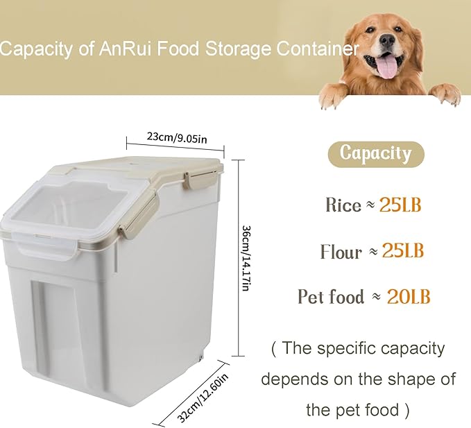 AnRui Airtight Flour Storage Container 25lb, Plastic Grain Storage Bucket, Rice Cereal Dispenser Organizer Box with Lid, Cat Dog Food Storage Bin with Measuring Cup, Scoop, Wheels, 2Pcs Grey