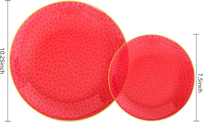 SUT 100Pcs Red Plastic Plates, Hammered Plates Disposable Heavy Duty, Red Disposable Plates With Gold Rim, Fancy Plastic plates Include 50 Dinner and 50 Dessert Plate for Wedding