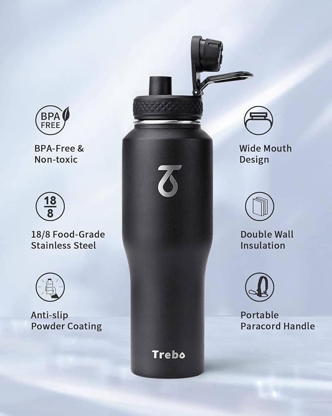 Trebo 32 oz Water Bottle Insulated Fit in Any Car Cup Holder,Triple Wall Vacuum Stainless Steel Water Bottles (Keep Cold for 48 Hrs),Leakproof Tumbler Flask with Paracord Handle,Straw Spout Lids
