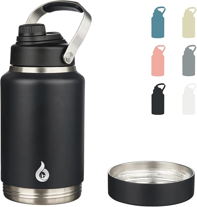 BJPKPK 64oz Insulated Water Bottles, Dishwasher Safe Half gallon Water Bottle with Metal Handle, BPA Free Spout Lid & Detachable Bowl, Large Stainless Steel Jugs, Black
