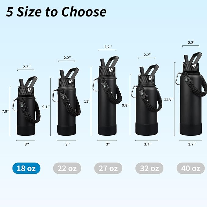 BJPKPK Water Bottle with Straw Lid, 18oz Insulated Water Bottles with 3 Lids, Paracord Handle & Non-slip Boot, Metal Stainless Steel Thermo, BPA Free Leak Proof Cups, Tumblers,Black