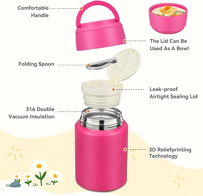 17oz Soup Thermo for Hot Food Kids Insulated Food Jar,Thermo Hot Food Lunch Container, Width Mouth Stainless Steel Lunch Box for Kids with Handle Folding Spoon(Rose Red-Pure)