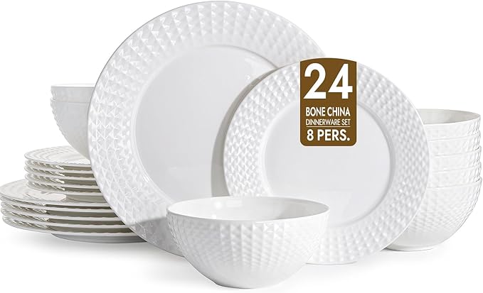 KINGSTONE Bone China Dinnerware Set, 24-Piece White Lightweight Porcelain for 8, Plates and Bowls with Rhombus patterned edge design, Microwave and Dishwasher Safe, for Family, Restaurant, Gifting