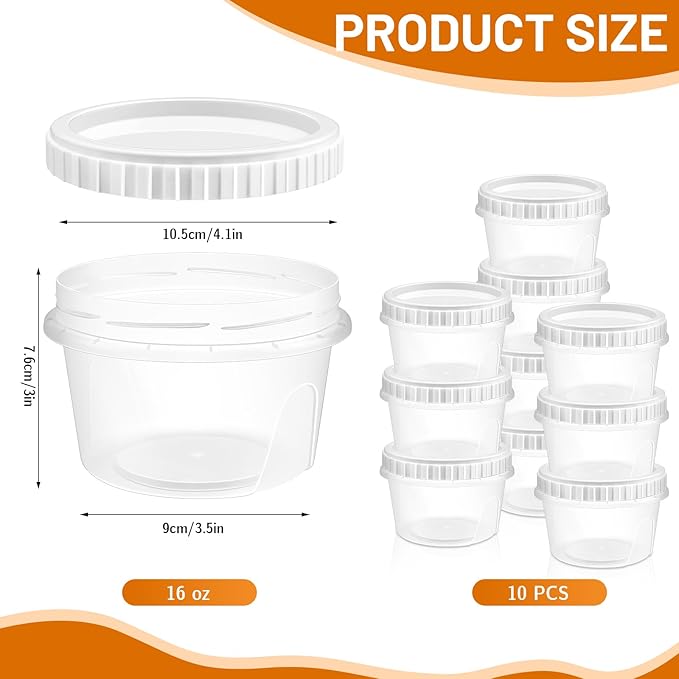 10 Pack 16oz Reusable Small Plastic Containers with Screw Lids, Small Food Storage Freezer Containers, Deli Containers Stackable Food Storage Jars, Sauce Condiment Jars Lunch Box Accessories