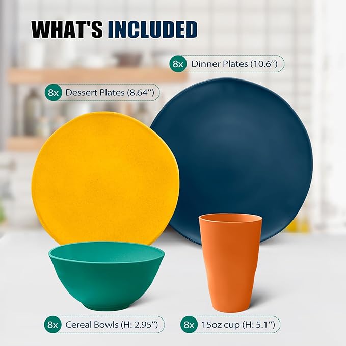 Teivio 32-Piece Kitchen Plastic Wheat Straw Dinnerware Set, Service for 8, Dinner Plates, Dessert Plate, Cereal Bowls, Cups, Unbreakable Plastic Outdoor Camping Dishes, Irregular Autumn Multicolor
