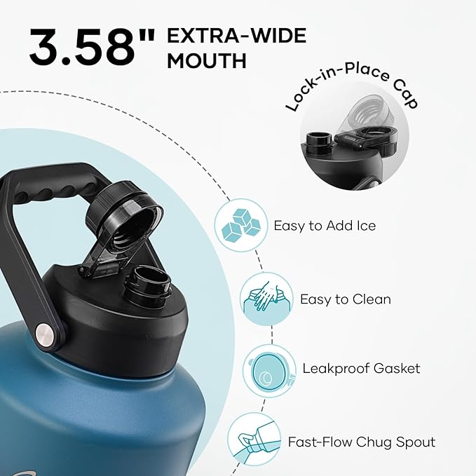 BUZIO 1 Gallon Water Bottle Insulated, (Cold for 48 Hrs) 128oz Large Stainless Steel Water Jug, 3.58in Big Wide Mouth Leak Proof Metal Flask with Carrying Sleeve for Camping,Gym, Hiking, Indigo Crush