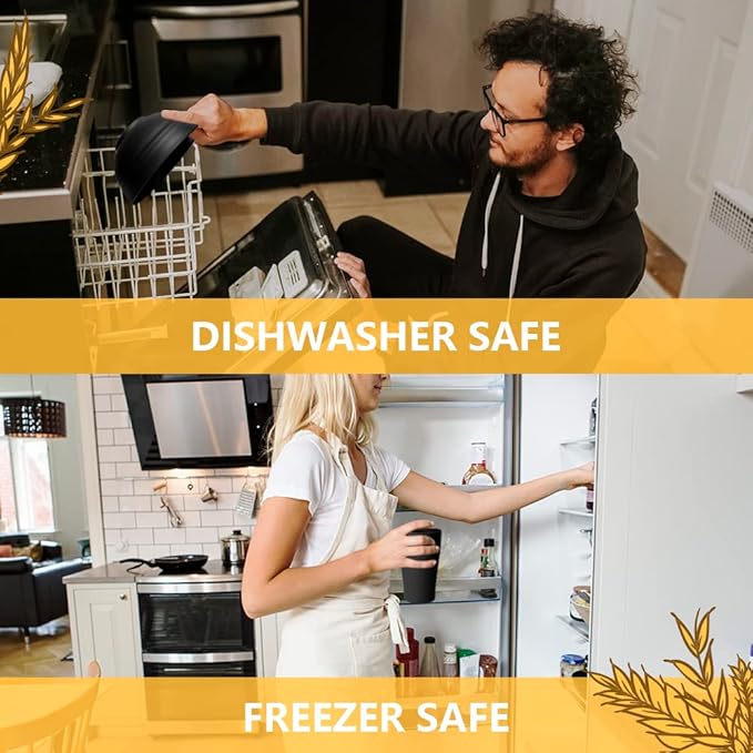 Teivio 32-Piece Kitchen Plastic Wheat Straw Dinnerware Set, Service for 8, Dinner Plates, Dessert Plate, Cereal Bowls, Cups, Unbreakable Colorful Plastic Outdoor Camping Dishes, Deep Black