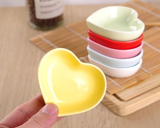 WHJY Red Love Heart Shaped Ceramic Side Dish Bowl, Contemporary Porcelain Side Dishes Bowl, Seasoning Dishes Soy Dipping Sauce Dishes for Wedding Birthday Party- Set of 6