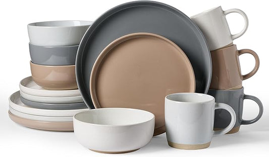 Famiware Milkyway Dinnerware Set with Mugs, Service for 4 (16pcs), Ribbed Stoneware Plates and Bowls Dishes Sets - Chip & Scratch Resistant, Microwave & Dishwasher Safe, Multi-color