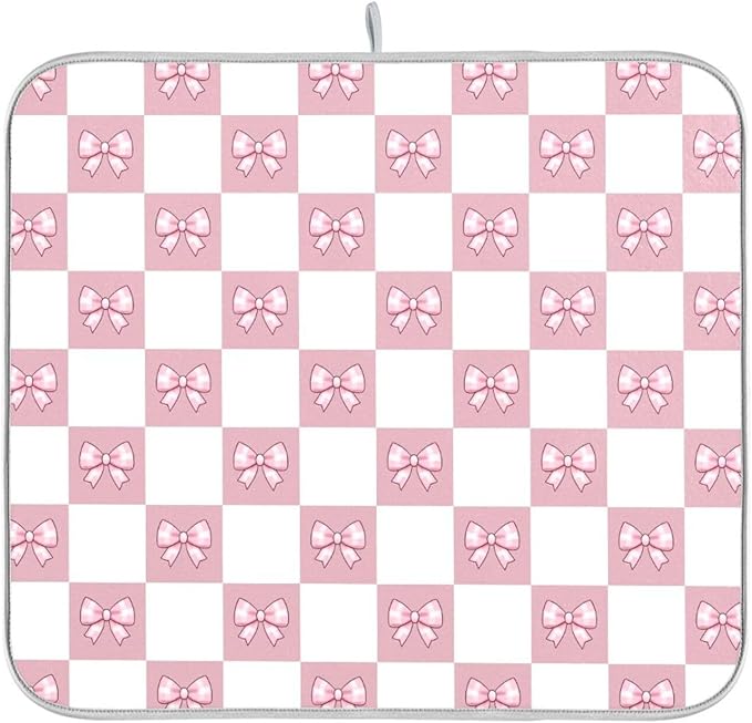 Pink White Bow Checkered Dish Drying Mat for Kitchen Counter Absorbent Dish Drainer Mats Drying Pads 16"x18"