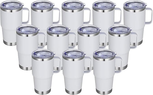 20 oz Stainless Steel Tumbler with Handle Bulk Metal Insulated Tumblers Travel Coffee Mug with Handle Double Wall Tumbler Cup with Lid and Straw, White 12 Pack