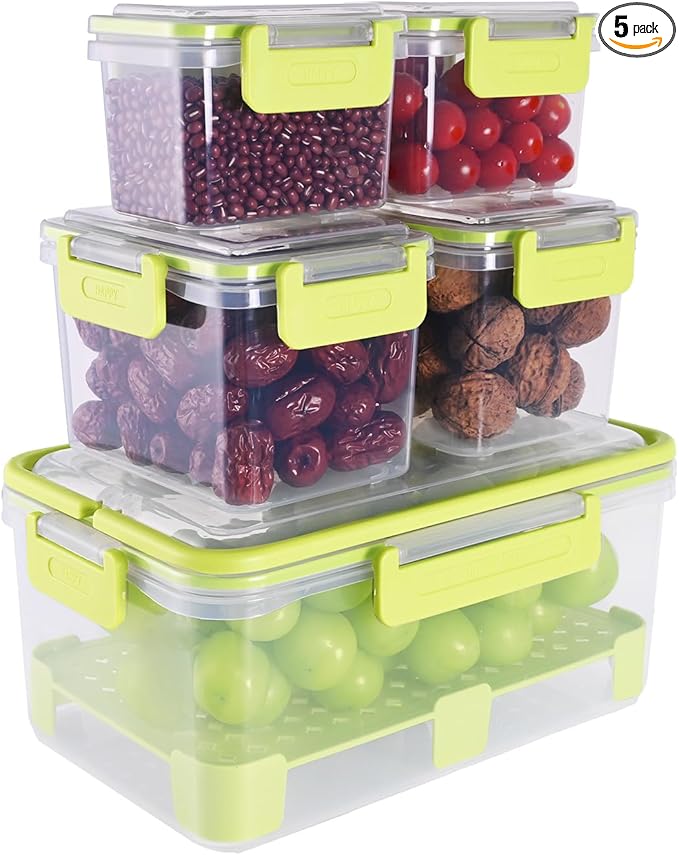 5 Pcs BPA-Free Fridge Containers with Lids - Leakproof - Increase Capacity and Stacked Design for Storage Clear for Food, Fruit, Vegetable