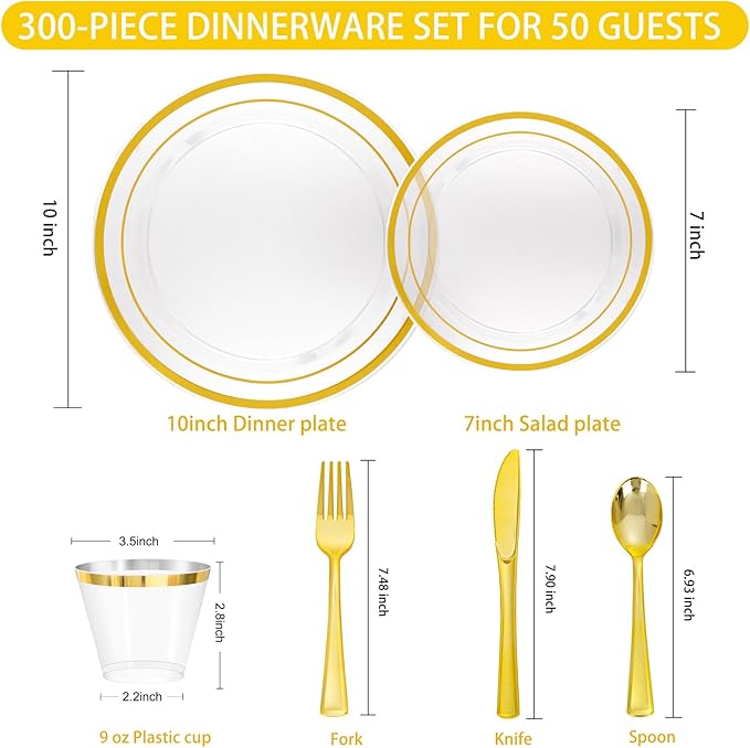 WELLIFE 300 PCS Clear Gold Dinnerware Set for 50 Guests, Clear and Gold Plastic Plates for Party, 50 Dinner Plates, 50 Salad Plates, 50 Cups Forks Knives Spoons for Wedding and Party Supplies