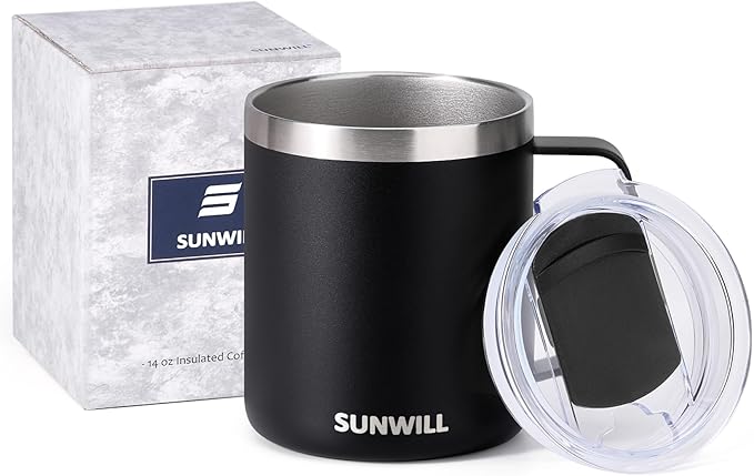SUNWILL Travel Coffee Mug with Lid, Insulated Tumbler with Handle, 14oz Stainless Steel Cup for Camping, Outdoor, Powder Coated Black