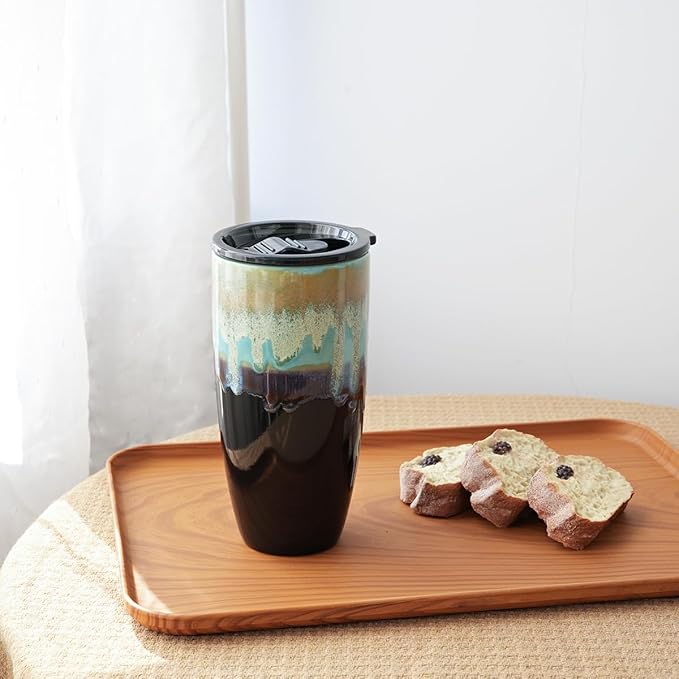Bosmarlin Ceramic Travel Coffee Mug with Lid, 21 oz, Portable Coffee Cup for Car Cup Holder, Microwave and Dishwasher Safe, Reactive Glaze