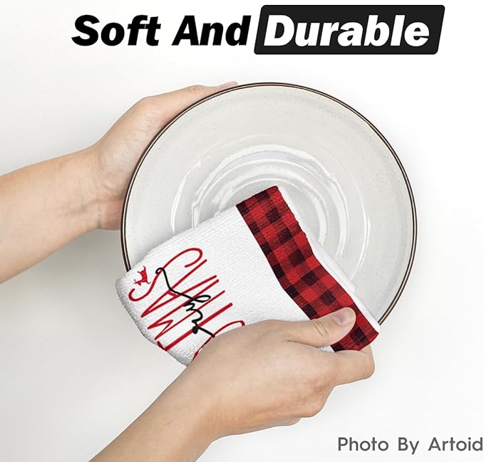 Artoid Mode Red Black Buffalo Plaid Snowman Xmas Trees Christmas Kitchen Towels Dish Towels, 18x26 Inch Daily Seasonal Winter Decoration Hand Towels Set of 4