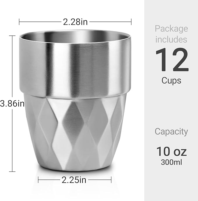 Beasea Stainless Steel Cups 10 oz, 12 Pack Bulk Stackable Insulated Stainless Steel Drinking Tumbler Cups Double Wall Metal Small Pint Glasses Tin Cups for Home Restaurant Office Party Camping