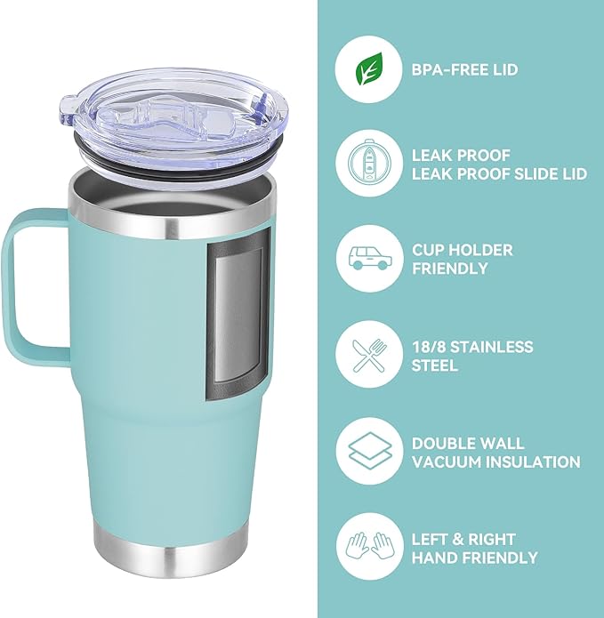 VEGOND 20 oz Tumbler Bulk with Handle Lid and Straw, Stainless Steel Insulated Travel Coffee Mug Set, Spill Proof Double Wall Metal Tumblers Cups, Mint Green 12 Pack